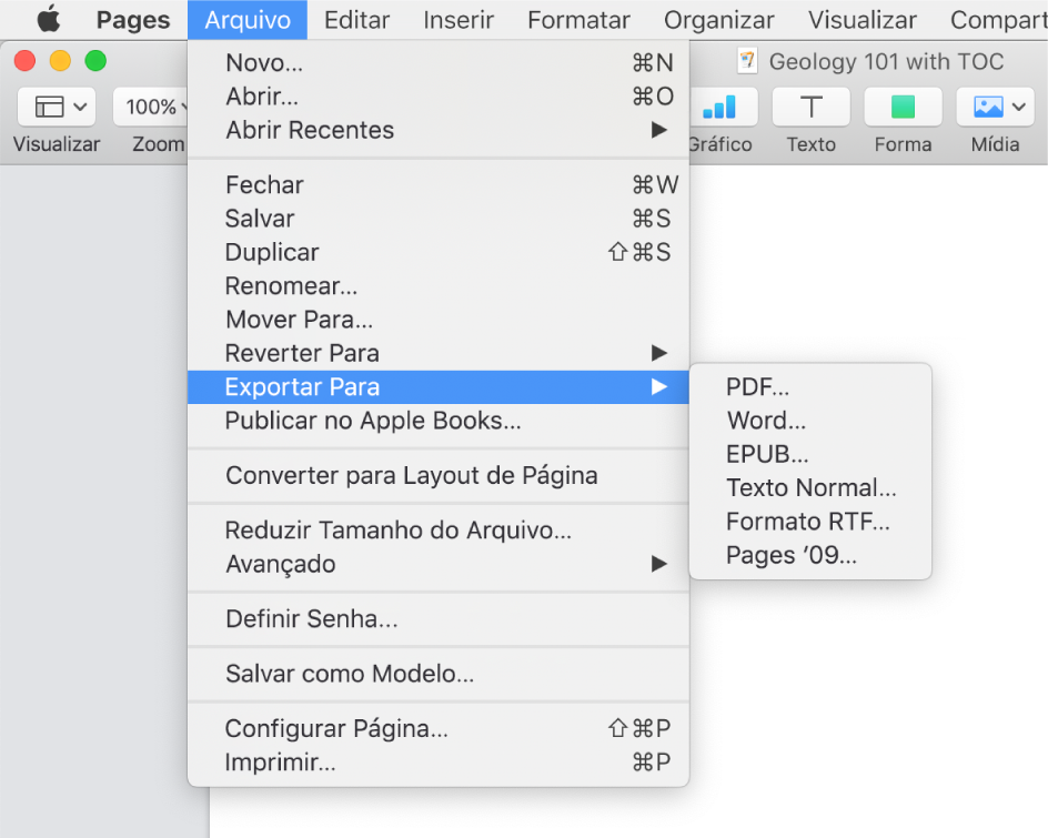 Menu Arquivo aberto com “Exportar para” selecionado, com submenu mostrando opções para PDF, Word, texto normal, formato RTF, EPUB e Pages ’09.