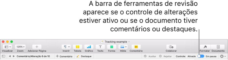 A barra de ferramentas do Pages com o controle de alterações ativado, e a barra de ferramentas de revisão abaixo da barra de ferramentas do Pages.