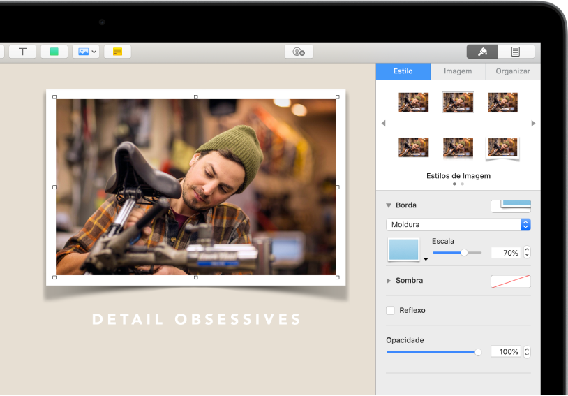 Os controles em Formatar para alterar o tamanho e a aparência da imagem selecionada. Os botões Estilo, Imagem e Organizar se encontram acima dos controles.