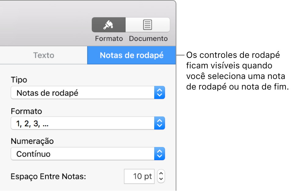 O painel Notas de rodapé, com menus locais para Tipo, Formato, Numeração e espaço entre notas.