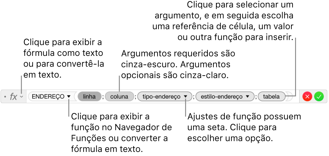 Editor de fórmula mostrando a função ENDEREÇO e seus tokens de argumento.