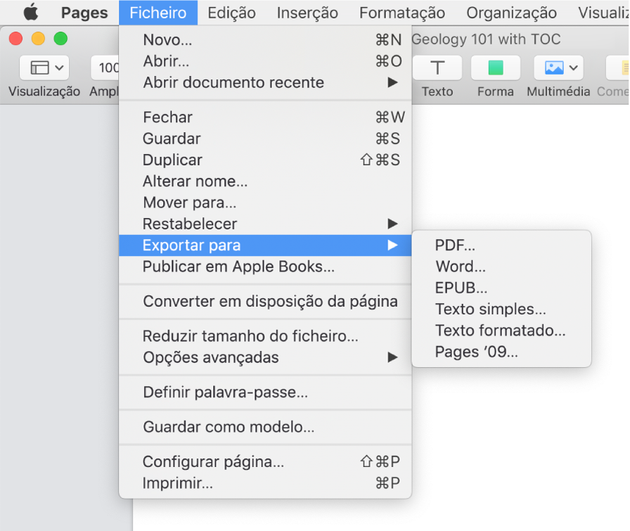 O menu Ficheiro aberto com “Exportar para” selecionado, com o submenu a mostrar opções de exportação para PDF, Word, Texto simples, Texto formatado, EPUB e Pages '09.