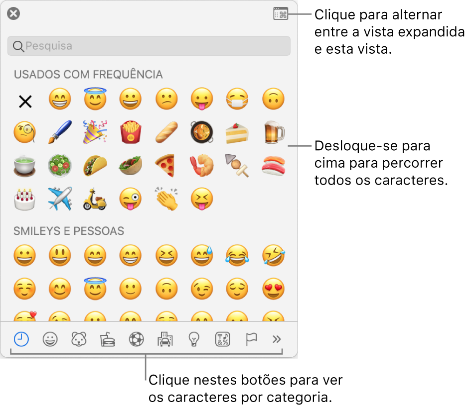 O pop-up “Caracteres especiais” com ícones expressivos, botões para diferentes tipos de símbolos na parte inferior e um destaque para um botão para mostrar a janela Caracteres completa.
