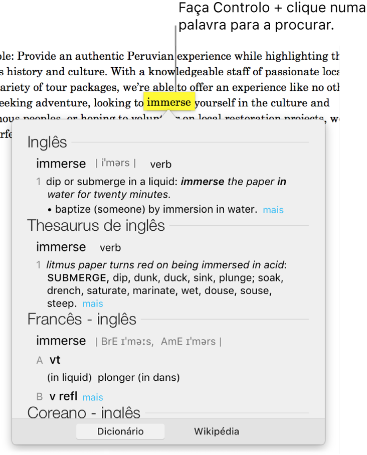 Um parágrafo com uma palavra em destaque e uma janela que mostra a sua definição e uma entrada do dicionário de sinónimos. Dois botões na parte inferior da janela fornecem hiperligações para o dicionário e a Wikipédia.