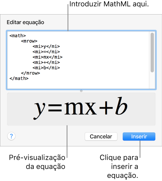 A equação para a inclinação de uma linha no campo “Editar equação” e uma pré-visualização da equação em baixo.