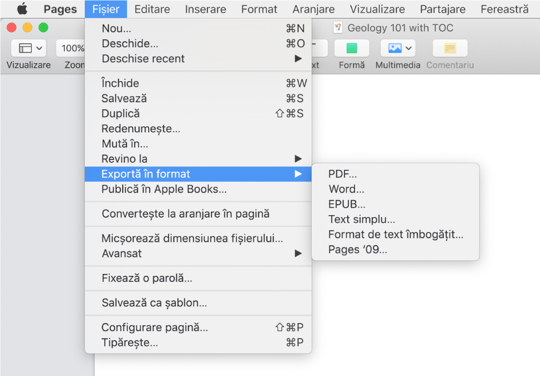 Meniul Fișier deschis, având selectată opțiunea Exportă în, cu submeniul afișând opțiuni de export pentru PDF, Word, text simplu, format de text îmbogățit (RTF), EPUB și Pages ’09.