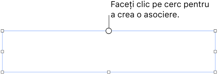 O casetă de text goală cu un cerc alb în partea de sus și mânere de redimensionare în colțuri, pe laterale și în partea de jos.