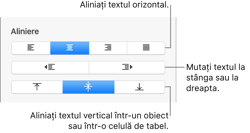 Secțiunea Aliniere a inspectorului Format cu butoane pentru alinierea orizontală și verticală a textului și butoane pentru mutarea la stânga sau la dreapta a textului.