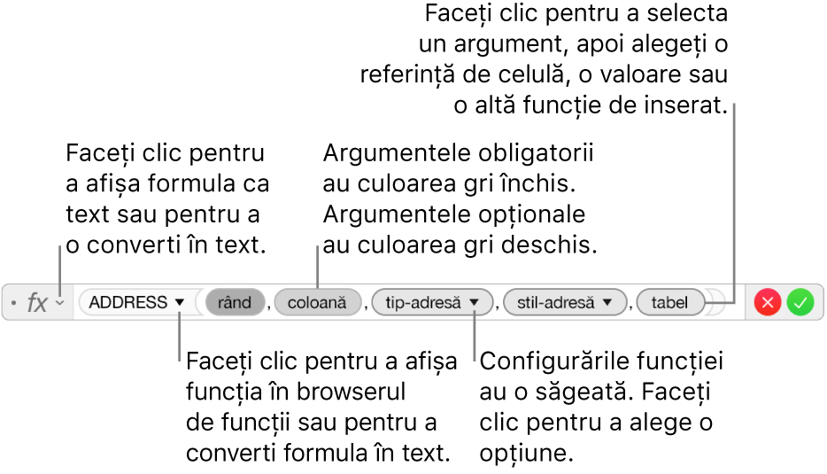 Editorul de formule afișând funcția ADDRESS și tokenurile argumente.