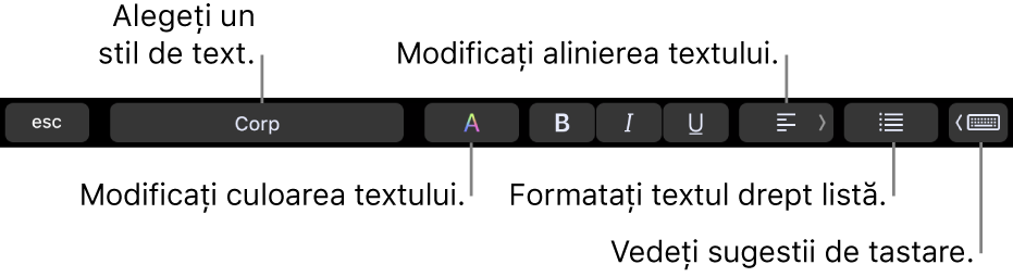 Bara Touch Bar de pe MacBook Pro, cu comenzi pentru alegerea unui stil de text, schimbarea culorii textului, schimbarea alinierii textului, formatarea textului ca listă și afișarea sugestiilor de scriere.