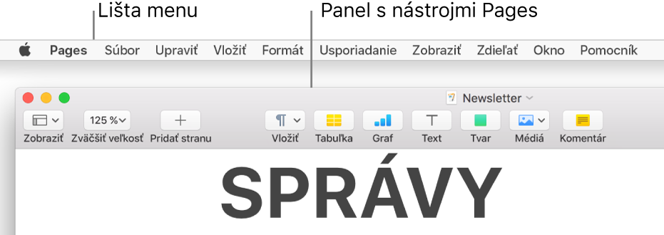 Lišta s menu Apple a menu Pages v ľavom hornom rohu a pod ňou, panel s nástrojmi Pages s tlačidlami Zobrazenie a Zväčšenie v ľavom hornom rohu.