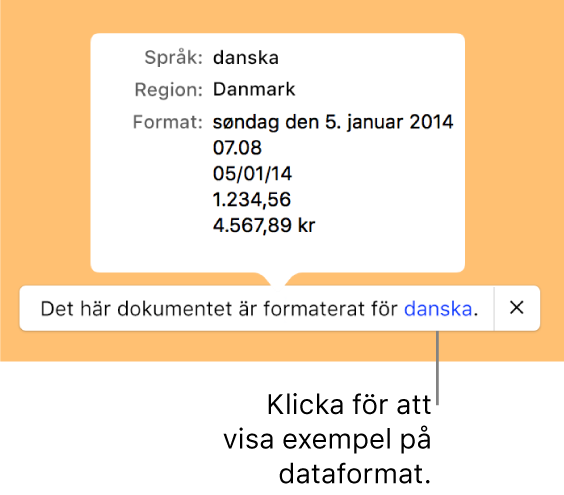 Meddelandet om olika språk- och regioninställningar samt exempel på formatering för det andra språket och den andra regionen.