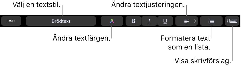 Touch Bar på MacBook Pro med reglage för att ändra textstil, textfärg och textjusteringen, för att formatera text som en lista och för att visa skrivförslag.