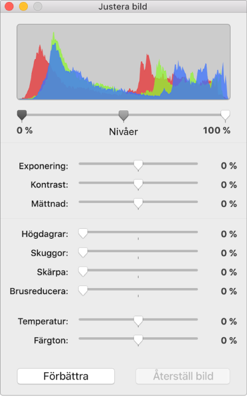 Fönstret Justera bild med reglage för exponering, kontrast, mättnad, högdagrar, skuggor, skärpa, brusreducering, temperatur och nyans.