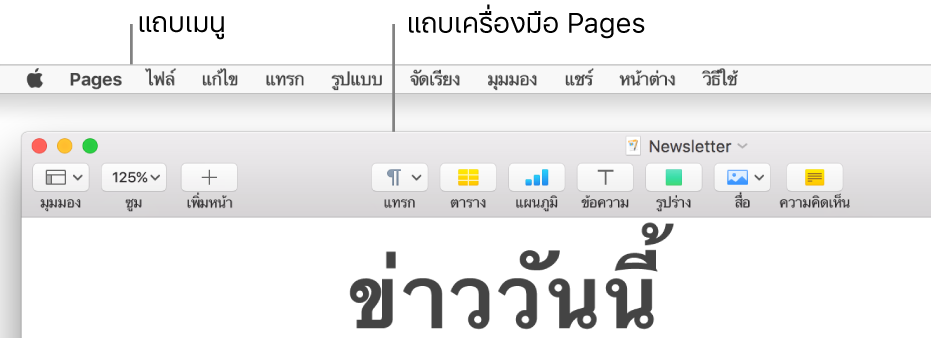 แถบเมนูที่มีเมนู Apple และเมนู Pages ที่มุมซ้ายบนสุด และด้านล่างคือแถบเครื่องมือ Pages ที่มีปุ่มสำหรับ มุมมอง และ ซูม ที่มุมซ้ายบนสุด
