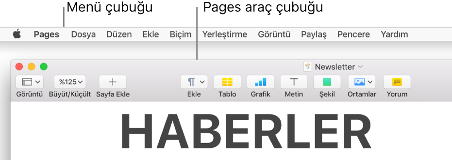 Elma menüsü, Pages, Dosya, Düzen, Ekle, Biçim, Yerleştirme, Görüntü, Paylaş, Pencere ve Yardım menüleriyle ekranın en üstündeki menü çubuğu. Onun altındaki açık bir Pages belgesinin en üstünde bulunan araç çubuğunda Görüntü, Büyüt/Küçült, Sayfa Ekle, Ekle, Tablo, Grafik, Metin, Şekil, Ortamlar ve Yorum düğmeleri var.