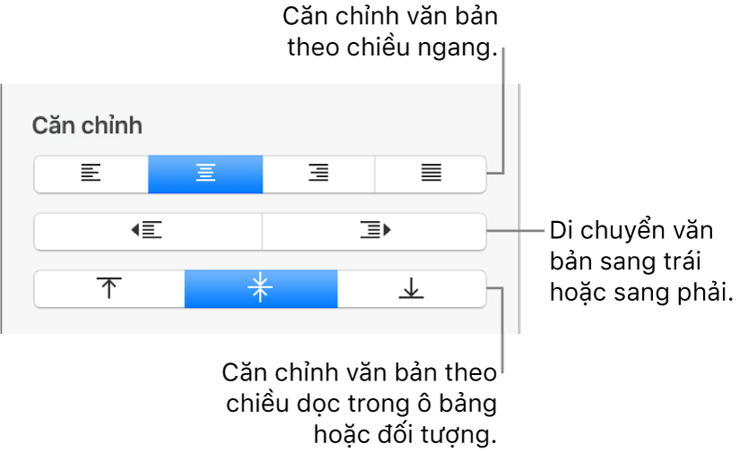 Phần Căn chỉnh của trình kiểm tra Định dạng có các nút dùng để căn chỉnh văn bản theo chiều ngang hoặc chiều dọc và các nút để di chuyển văn bản sang trái hoặc sang phải.