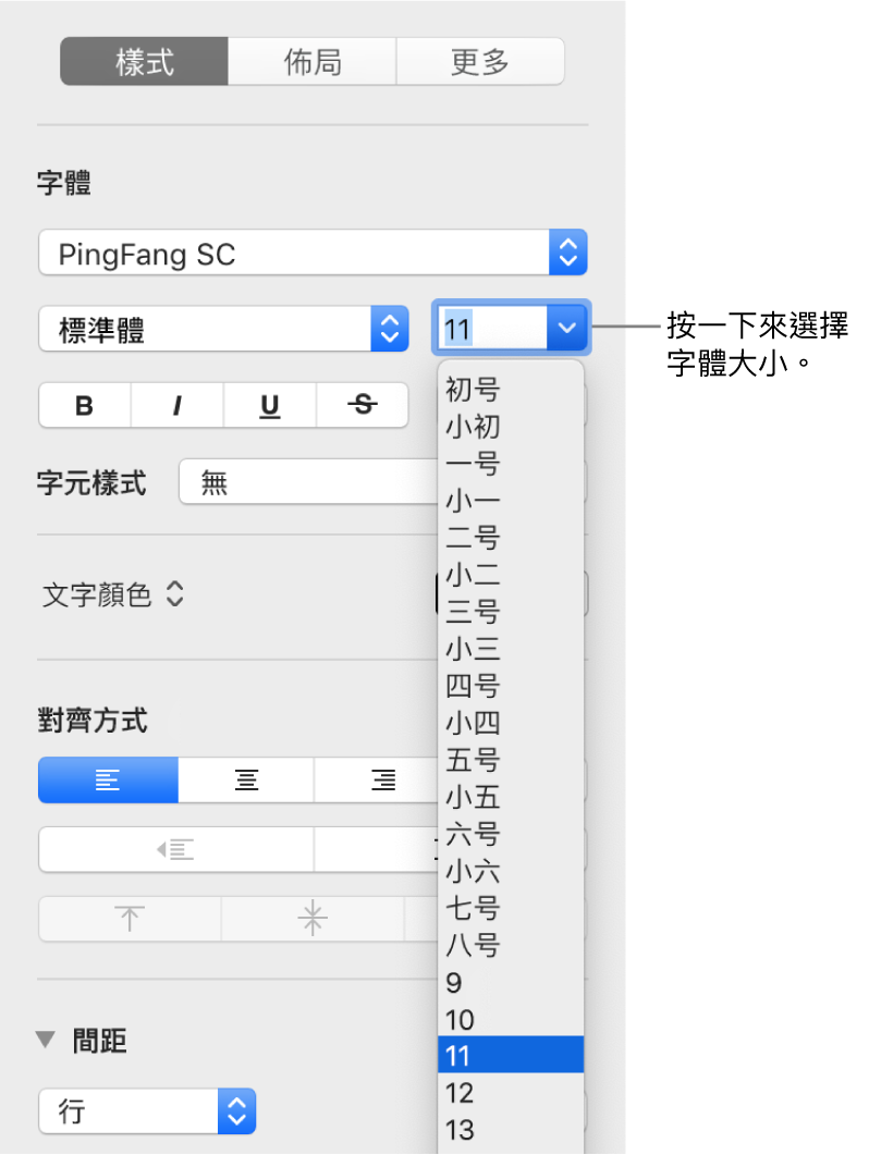「格式」側邊欄的「樣式」區域會開啟字體大小彈出式選單。選單最上方會顯示中國大陸政府標準字體大小，下方則顯示點的大小。