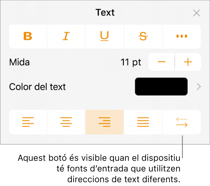 Controls de text del menú Format amb una llegenda per al botó “De dreta a esquerra”.