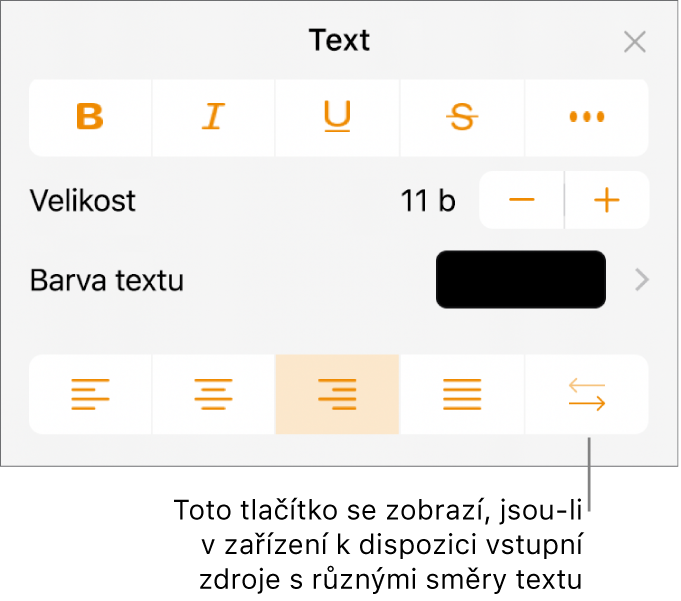 Ovládací prvky v nabídce Formát s popiskem označujícím tlačítko Zprava doleva