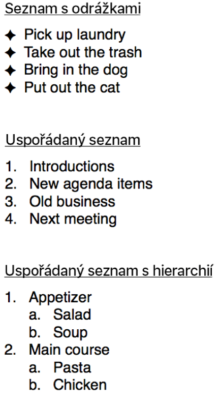 Ukázky seznamu s odrážkami, seřazeného seznamu a seznamu s hierarchickými úrovněmi