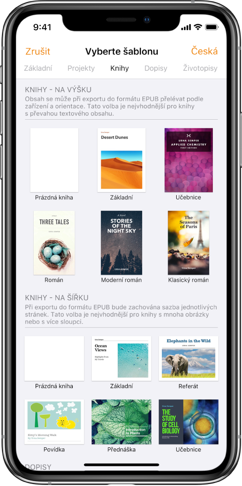 Výběr šablon s kategoriemi u horního okraje, kde je vybraná kategorie Knihy a níže se zobrazují šablony knih v orientaci na výšku i na šířku