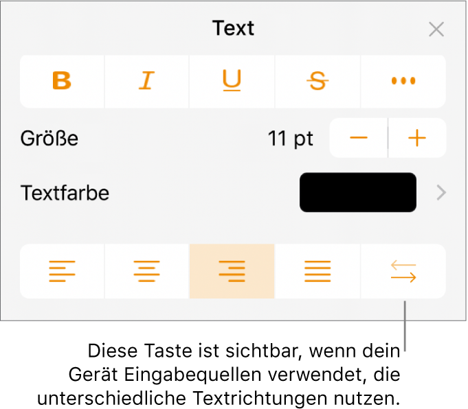 Die Textsteuerelemente im Menü „Format“ mit einer Beschreibung der Taste „Von rechts nach links“