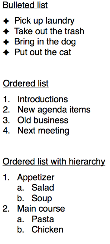 Examples of bullet, ordered and hierarchical lists.