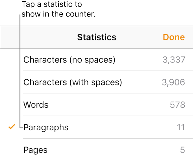 The Statistics menu showing options to show the number of characters without and with spaces, words count, paragraph count and page count.