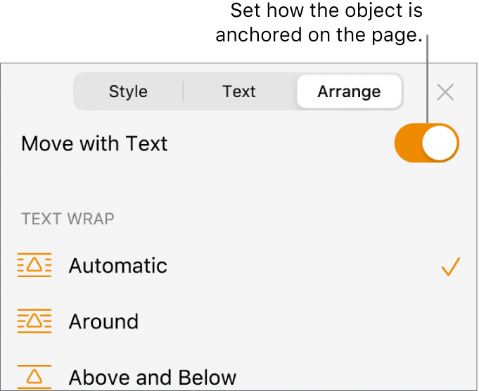 The Arrange controls with Move to Back/Front, Move with Text and Text Wrap.