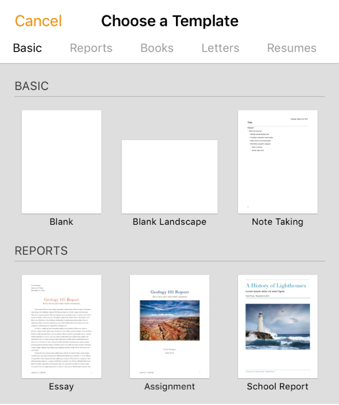 The template chooser, showing pre-designed templates you can use to begin creating documents.