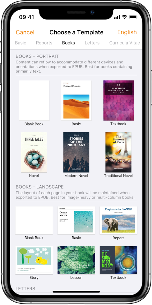 The template chooser with categories across the top. Books is selected and book templates in portrait and landscape orientation appear below.