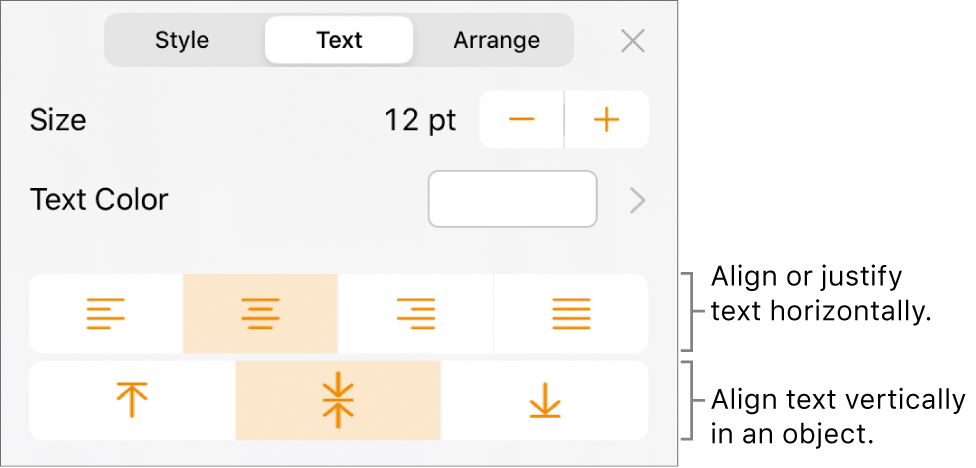 The Layout pane with callouts to the text alignment and spacing buttons.