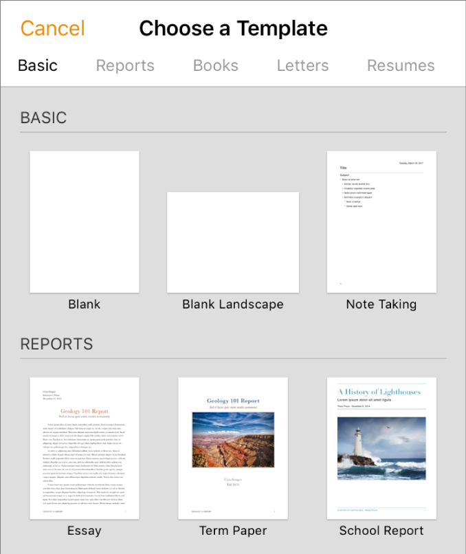 The template chooser, showing predesigned templates you can use to begin creating documents.