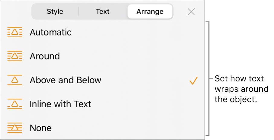 The Arrange controls with settings for Automatic, Around, Above and Below, Inline with Text, and None.