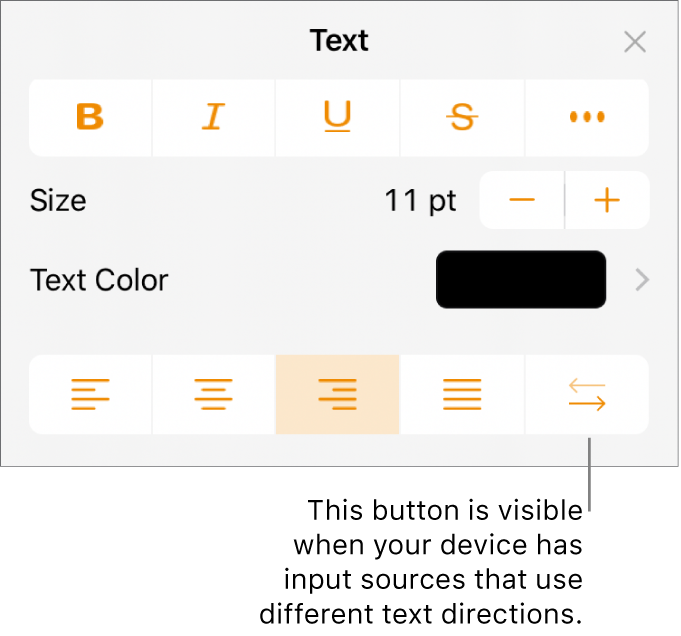Text controls in the Format menu with a callout pointing to the Right to Left button.