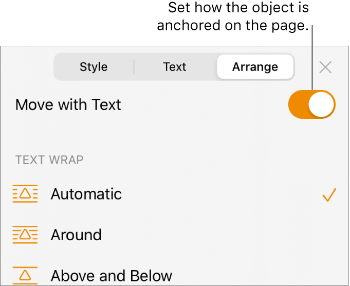 The Arrange controls with Move to Back/Front, Move with Text, and Text Wrap.