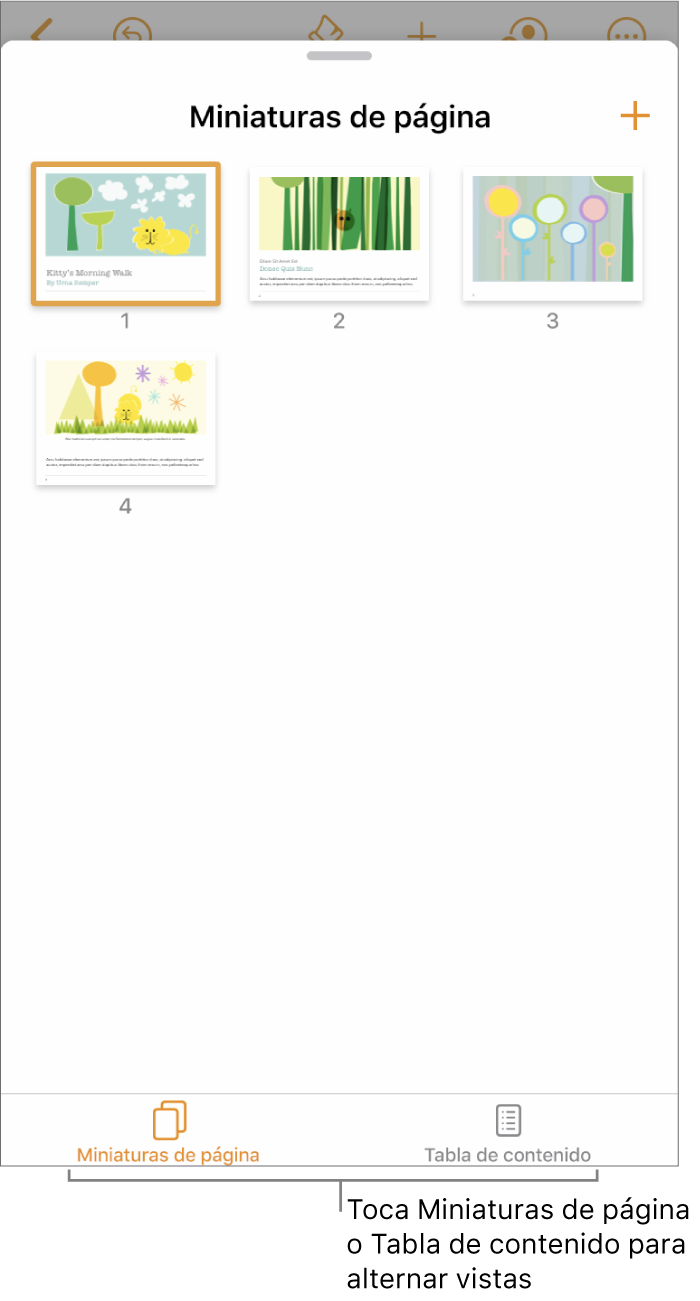 Visualización de miniaturas de página con imágenes en miniatura de cada página. Los botones "Miniaturas de página" y "Tabla de contenido" están en la parte inferior de la pantalla.