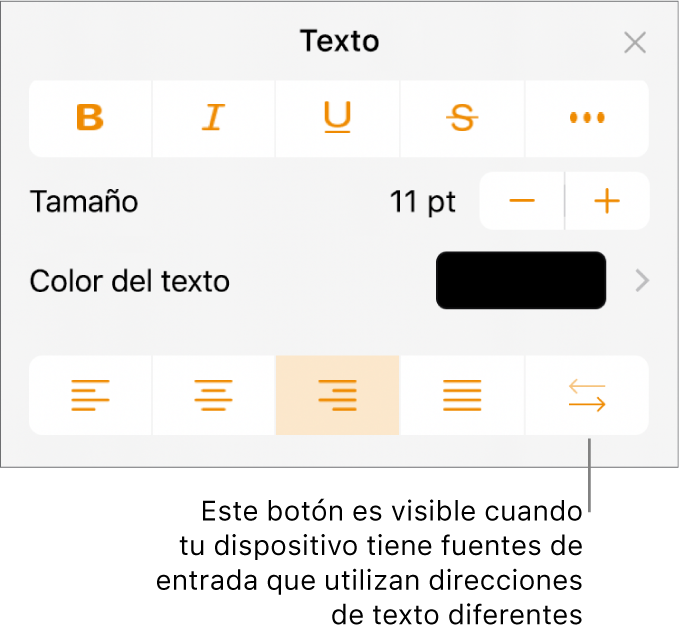 Los controles de texto se encuentran en el menú de Formato con un mensaje que señala el botón de derecha a izquierda.