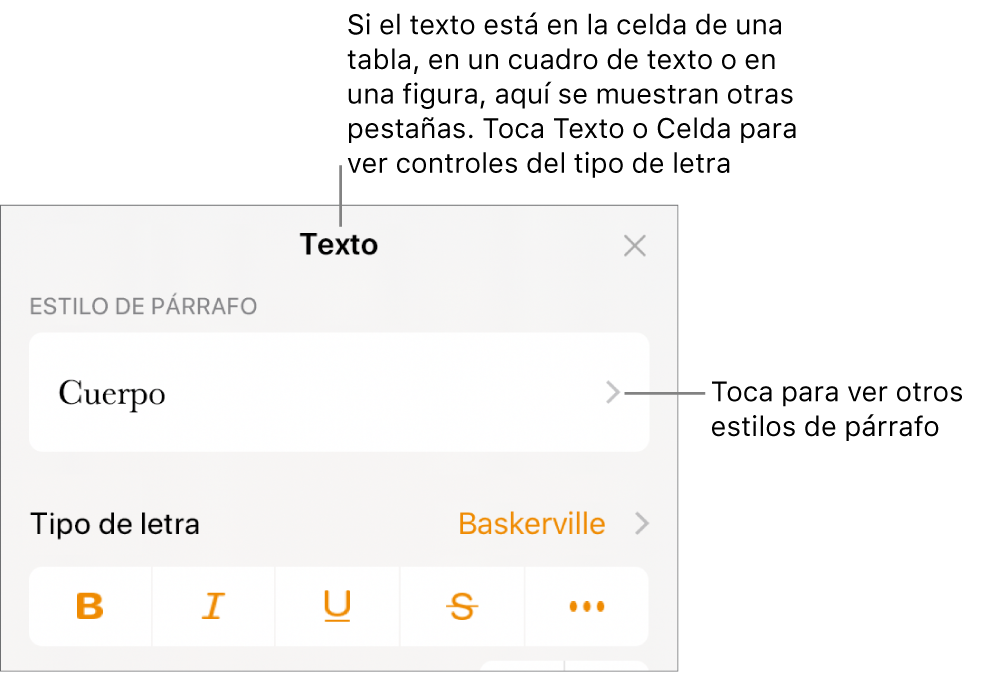 El menú Formato mostrando los controles de texto para configurar los estilos de párrafo y carácter, tipo de letra, tamaño y color.