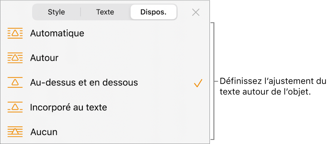 Commandes Disposition avec des réglages pour Automatique, Autour, Au-dessus et en dessous, Incorporé au texte et Aucun.