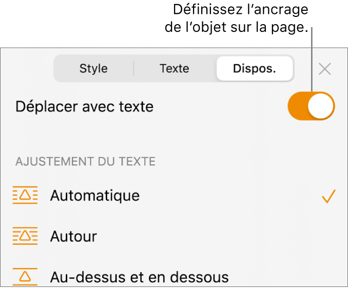 Commandes Disposition avec les options Déplacer vers l’arrière/avant, Déplacer avec texte et Ajustement du texte.