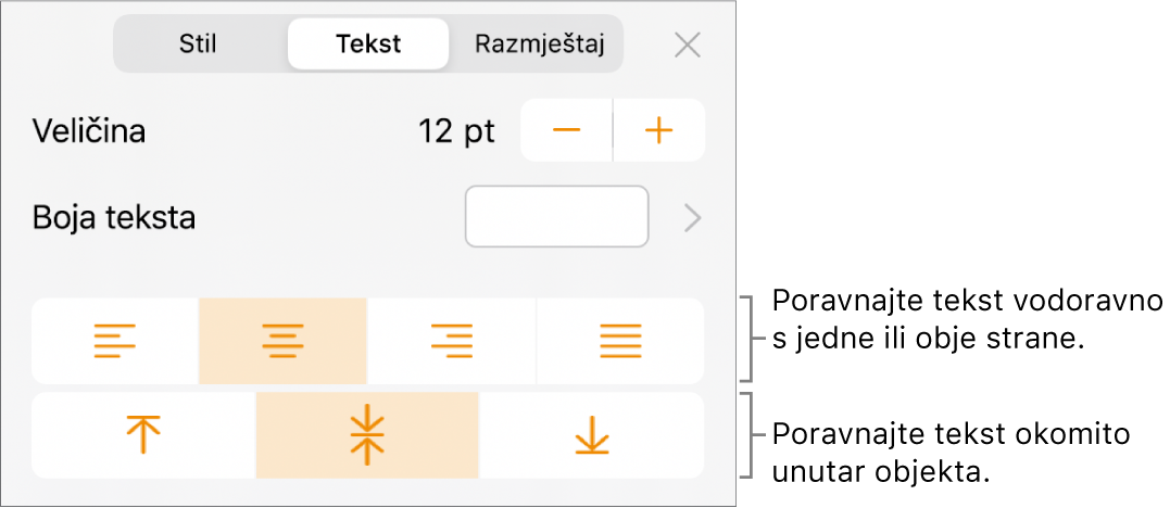 Prozor Raspored s balončićima za tipke za poravnanje teksta i razmak.