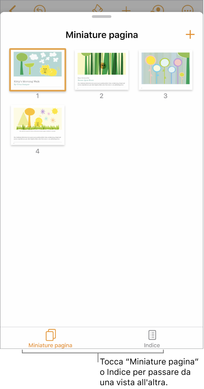 Vista “Miniature pagina” con miniature per ciascuna pagina. I pulsanti “Miniature pagina” e Indice si trovano nella parte inferiore dello schermo.