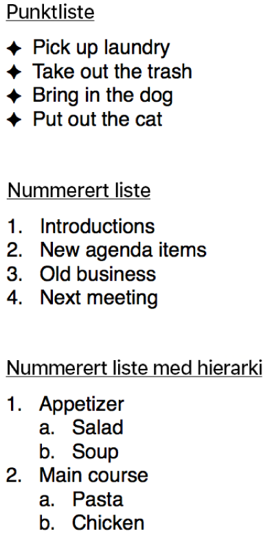 Eksempler på punktlister, ordnede lister og hierarkiske lister.