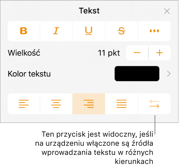 Narzędzia tekstu w menu Format z objaśnieniem wskazującym przycisk Od prawej do lewej.