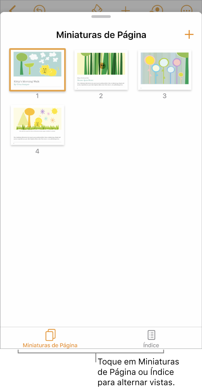 Visualização de Miniaturas de Página, com miniaturas de cada página. Os botões “Miniaturas de Página” e “Índice” aparecem na parte inferior da tela.
