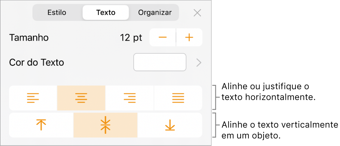 Painel Layout, com chamadas para os botões de alinhamento e espaçamento de texto.