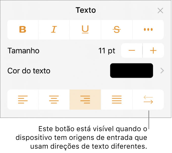 Controlos de texto no menu Formatação com uma chamada a apontar para o botão Da direita para a esquerda.