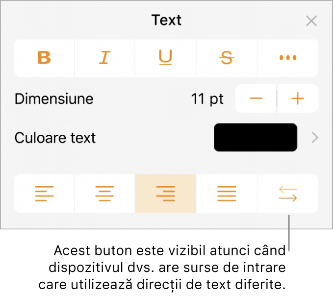 Comenzile pentru text din meniul Format cu o explicație referitoare la butonul De la dreapta la stânga.